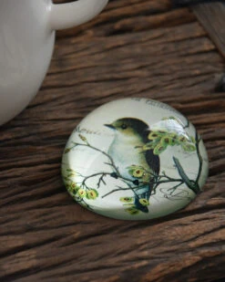 Brocante Glazen Halve Bol Vogel Op Tak, Groot -Woondecoratie brocante glazen halve bol vogel op tak groot 3