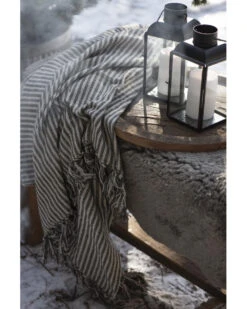 Geweven Sprei Olijfgroen Gebroken Wit Gestreept Met Kwastjes, IB Laursen -Woondecoratie geweven sprei olijfgroen gebroken wit gestreept met kwastjes ib laursen 3