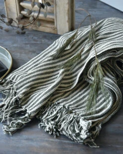 Geweven Sprei Olijfgroen Gebroken Wit Gestreept Met Kwastjes, IB Laursen -Woondecoratie geweven sprei olijfgroen gebroken wit gestreept met kwastjes ib laursen 4