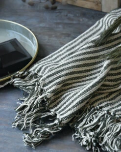 Geweven Sprei Olijfgroen Gebroken Wit Gestreept Met Kwastjes, IB Laursen -Woondecoratie geweven sprei olijfgroen gebroken wit gestreept met kwastjes ib laursen 7